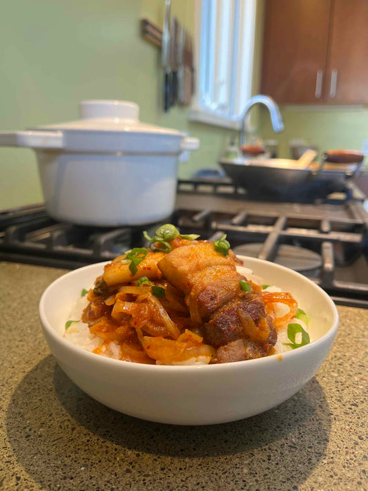 Kimchi and Pork Belly Rice Bowls